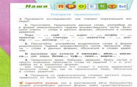Resumen de la lección (mapa tecnológico) en ruso para el cuarto grado sobre el tema